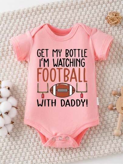 100% Cotton, Casual Short-Sleeved , Interesting Letter Print Baby , Round Neck , Easy To Change Diapers, Suitable For Both Boys And Girls, Suitable For Indoor And Outdoor Wear In Summer,