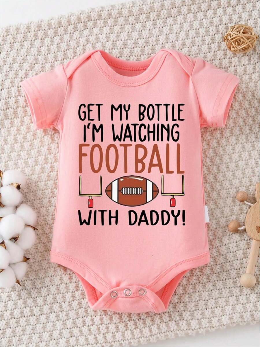 100% Cotton, Casual Short-Sleeved , Interesting Letter Print Baby , Round Neck , Easy To Change Diapers, Suitable For Both Boys And Girls, Suitable For Indoor And Outdoor Wear In Summer, - 粉色 - 查看 1