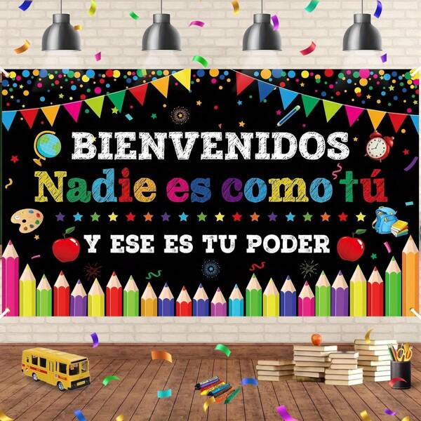 Bienvenidos 2D横幅，西班牙语欢迎返校装饰横幅，彩色励志海报，教室、学校、公告栏、墙面装饰的励志背景横幅