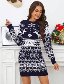 Yesfashion Women's Cute Christmas Sweater Dress Long Sleeve Crew Neck Elk Floral Printed Oversized Pullover Tunic Tops - 藍色 - 查看 3
