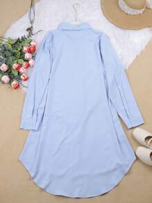 Plus Solid Plus Size Women Long Sleeve Button Shirts Spring - Blue - View 2