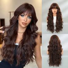 NICKY WALL Women's Moca Brown Long Curly Wig With Bangs 26 Inch Loose Wave Wavy Wig Fluffy Natural Fashionable Synthetic Heat Resistant Fiber Hair Wigs For Daily Party Use