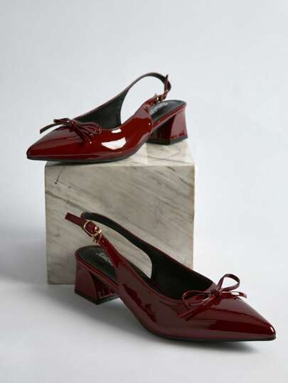 Zapatos de tacón alto de patente de cuero con punta puntiaguda y tira de tobillo, color vino tinto, para mujer, de moda primavera/verano 2025. Regalo de Navidad