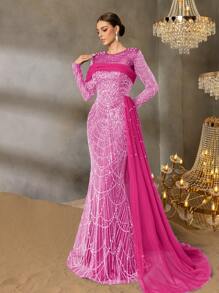 Faeriesty Vestido de noche elegante de lentejuelas y cuentas con diseño de sirena de Faeriesty, con tren asimétrico transparente y detalles en perlas - Perfecto para galas de alfombra roja, bodas de etiqueta negra, eventos de marcas de lujo y ceremonias de premios