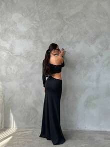 Vestido elegante de mujer con espalda descubierta, abertura y volantes en el bajo, vestido formal para boda, fiesta y noche - Negro - Ver 3