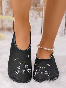 Women's Autumn/Winter Indoor Slippers, Cute Cat Print House Non-Slip Socks - Black - View 4