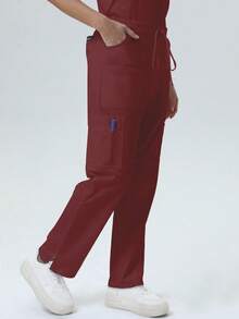 Women's Scrub Pants, Comfortable Pants, Solid Color Simple Multi-Pocket Pants Spring - Burgundy - View 5