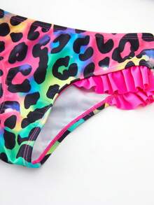 Young Girls Leopard Print Bow Decor Halter Bikini Top And Triangle Bottoms 2Pcs Set - Red - View 4