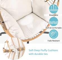Silla colgante tipo huevo para interiores y exteriores con soporte, silla colgante tejida con cuerda con forma de capullo sobredimensionada, cojín, correa de seguridad, silla de hamaca plegable de mimbre para terraza, jardín, dormitorio (Blanco crema)
