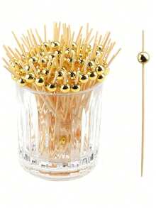 700pcs 4.7in Gold Round Bamboo Skewers, Suitable For Kitchen, Catering, Fruit Salad, Wedding, Party, Round Bead Design, Gold Color Option, Suitable For Graduation Gifts, Bachelor Parties, Bridesmaid Gifts, Father's Day Gifts, Halloween Decorations, Halloween Gifts, Bridesmaid Proposal Gifts, Wedding Guest Favors, Birthday Party Decorations And Wedding Items, Weddings, Birthday Parties, Anniversaries, Festivals, Graduations, Graduation Decorations - Gold - View 2