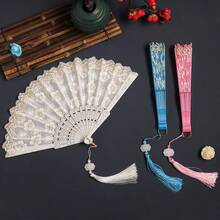 1pc 9 Inch Vintage Chinese Style Folding Hand Fan, Linen Cloth With Dragon Bone Design, Suitable For Display, Dancing, Gifts - Multicolor - View 14