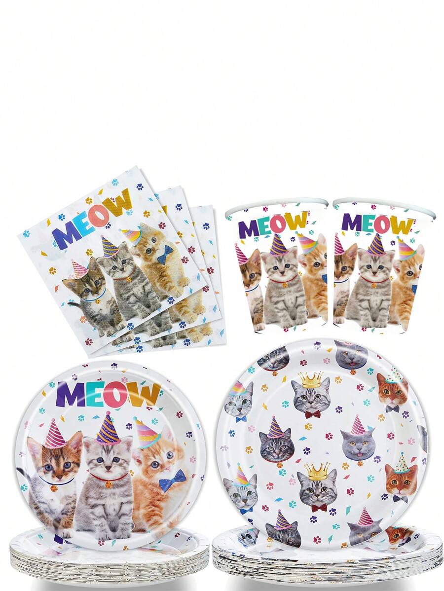 10 قطعة طقم أطباق وأكواب ومناديل حفلة عيد ميلاد القط، أطباق ذات استخدام واحد، لتزيين حفلات أعياد ميلاد ذات موضوع القط