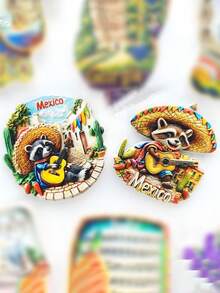 1pc 2025 New Authentic Mexican Street Guitar Mariachi Hat Raccoon | Fridge Magnet | Commemorative Souvenir Gift - 3D Magnetic Sticker Decoration, Ins Style Magnetic Sticker - Multicolor - View 2