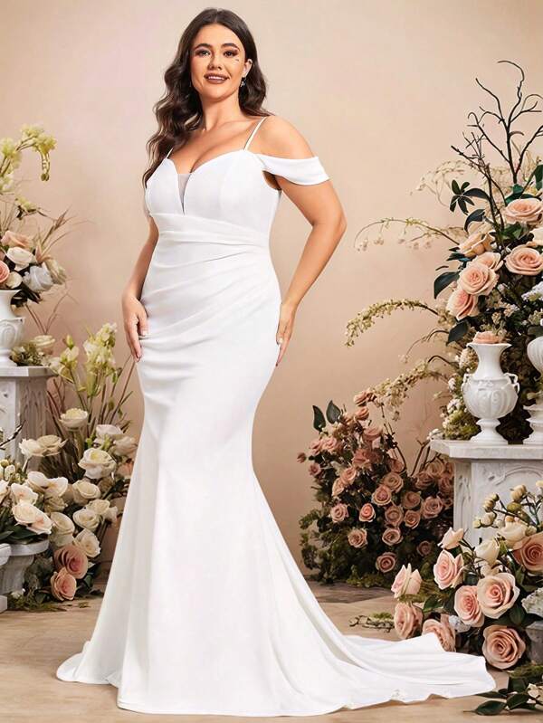 EVERPRETTY Elegancka Plus Size Off-Shoulder V Neck Długi Tren Mermaid Hem Suknia Ślubna Na Letnie Wesele Ogrodowe Panna Młoda