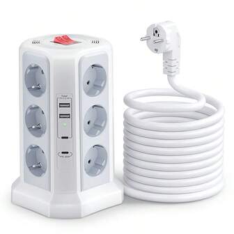 PASSUS Multipresa a 12 vie con 4 prese USB, 4000 W/16 A, torre con spina multipla e 2 interruttori per ufficio, cucina, casa, cavo da 1,8 m (nero)