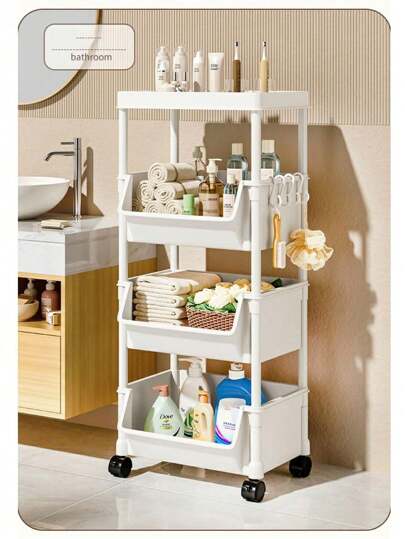 1pc 3/4-Story Trolley Shelf Landing, Household Plastic Storage Shelf, Baby Snack Toy Storage Shelf, Multi-Layer Book Shelf, Student Desk Movable Shelf, Household Multi-Layer Storage Shelf, Dormitory Luggage Case Storage Shelf, Multi-Layer Luggage Case Storage Shelf, Easy To Assemble, Movable Tires, Can Be Used As Multi-Functional Storage Cabinets, Tire Hooks, Kitchen Vegetables, Bathroom Clothes, Study Books, Living Room Snacks.