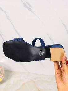 女式方头粗跟系带高跟凉鞋，时尚户外简约百搭中跟粗跟鞋 - 藍色 - 查看 7