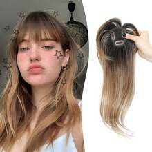 Megito Flequillo con clip, flequillo con cobertura de 360°, flequillo falso marrón de 16 pulgadas, extensiones de cabello con clip, flequillo con clip para mujeres, postizos con clip para uso diario. - Rubio castaño ombré - Ver 1