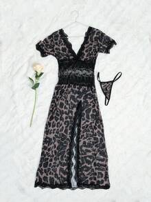 2 件套女士性感深 V 透视豹纹蕾丝拼接高开衩睡袍，内衣套装适合居家或度假，性感睡衣 - 咖啡棕 - 查看 8