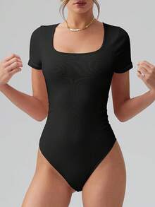 Bodys de mujer OQQ con escote cuadrado, manga corta, fruncido y elástico, ideales para el ocio y los viajes - Negro - Ver 5