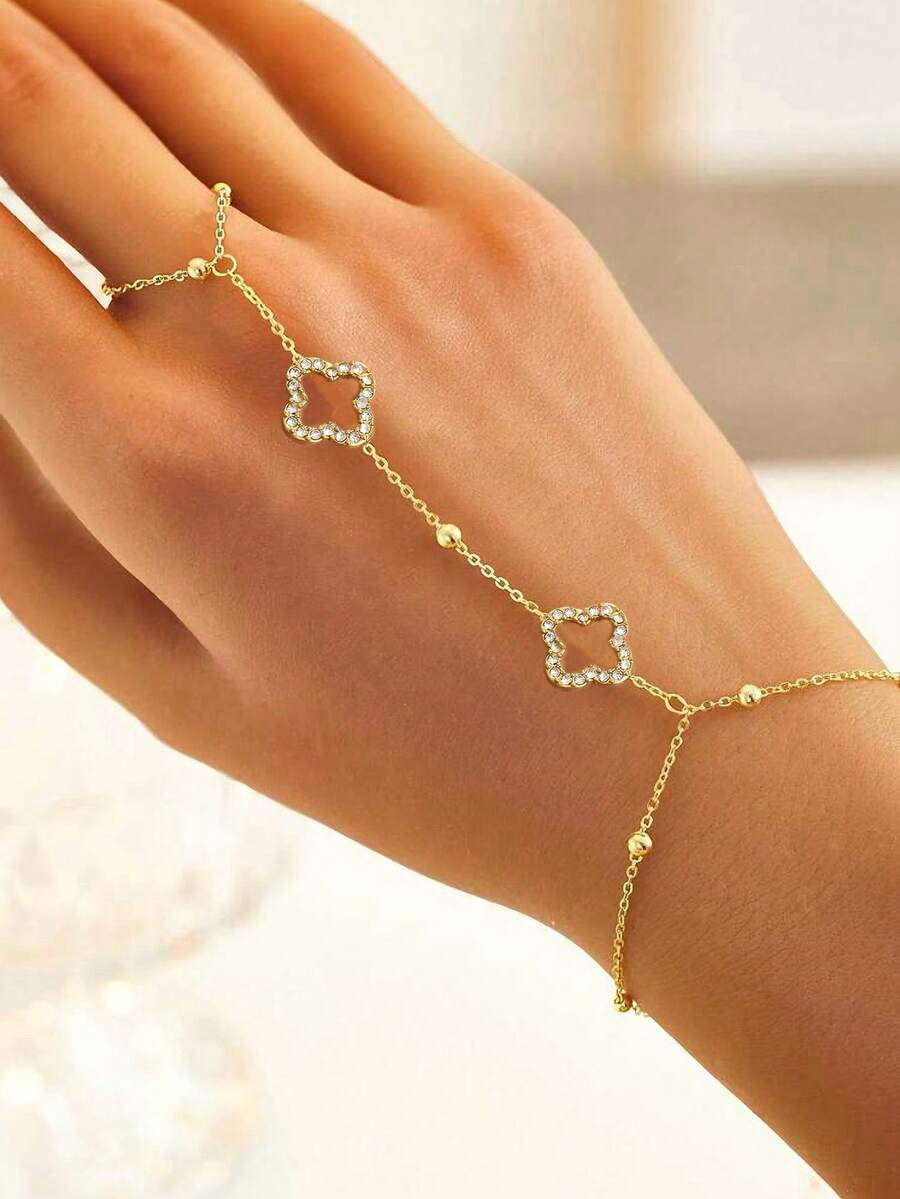 1pc Cubic Zirconia Decorated Chain Ring Bracelet, Fashionable Clover Pendant Bracelet, Stainless Steel Waterproof Jewelry, Suitable For Women As Dating Gift Or Daily Party Wear - Gold Diamond Four-leaf Clover - View 1