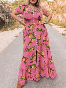 Rusttydustty 大码女式热带植物印花V领连衣裙，波西米亚风沙滩装，音乐节热带度假派对连衣裙