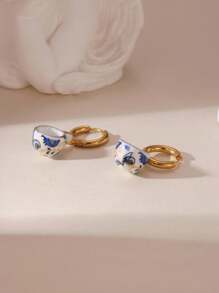 1 Pair Fashionable Chinese Style 18K Stainless Steel Ceramic Teacup & Teapot Design Earrings For Women, Suitable For Everyday Wear