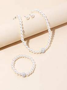 Set de 4 piezas de joyería con collar, pulsera y aretes de perlas falsas elegantes, adecuado para cenas formales, citas y fiestas