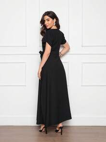 Women's Long Dress With Slit At The Front With Bow And Pocket Simple Pocket Wedding - màu đen - Xem 2