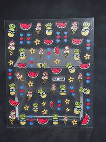 1 件可爱卡通美甲贴纸，以菠萝、西瓜、冰淇淋、花朵、心形图案为特色，卡通主题，表面有光泽，形状不对称，适合女性装饰指甲，美甲用品