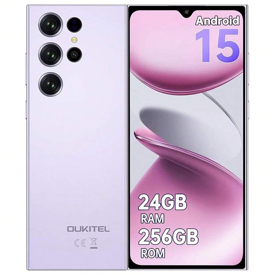 OUKITEL C61 Pro Android 15 Smartphone Unlocked, 24GB+256GB/1TB Mobile Phone Unlocked, 6.88" HD+ 90Hz Screen, 5150mAh Smartphone, 13MP+5MP Camera, Dual SIM 4G Mobile Phone, NFC/Fingerprint/Face ID/OTG - 紫色 - 查看 1