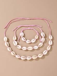 3pcs/Set Bohemian Shell Adjustable Braided Necklace, Anklet & Bracelet Jewelry Set, Beach Party Accessories