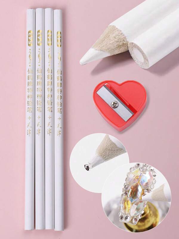 Stylo pointeur de manucure blanc et 1 pièce de taille-crayon en forme de cœur, outil de peinture de points pour la création d'ongles, ramasseur de perles et de strass, accessoires et fournitures pour le nail art, pour le salon ou usage personnel