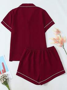 2 piezas Conjunto de pijama de mujer con top de manga corta y shorts, casual y holgado, traje básico de unicolor para uso en el hogar, adecuado tanto para interiores como para exteriores en primavera/verano, Navidad - Burdeos - Ver 2