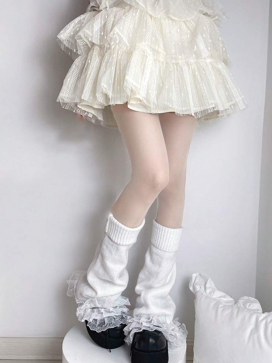 1双女士洛丽塔JK蕾丝喇叭腿套，百搭日常穿着，舒适保暖 - 白色 - 查看 1