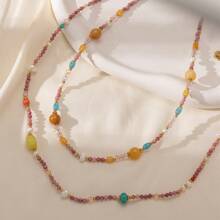 1pc Beach Style Natural Stone Beaded Necklace, Suitable For Women Vacation & Daily Wear