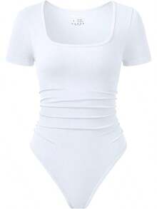 OQQ Women Bodysuits Ruched Short Sleeve Square Neck Stretch Lounge Travel Bodysuits - White - View 1