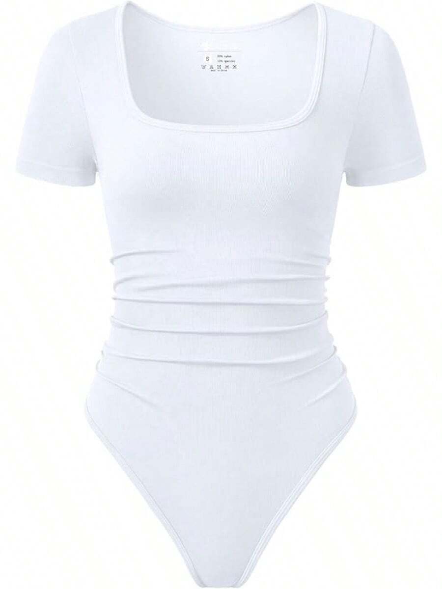 OQQ Women Bodysuits Ruched Short Sleeve Square Neck Stretch Lounge Travel Bodysuits - White - View 1