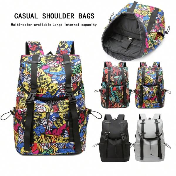 Lightweight Buckle Flap Shoulder Bag Students Graffiti Schoolbag, A Variety Of Colors To Choose From, Out Travel Backpack, High School Students, Junior High School Students Casual Computer Shoulder Bag, Fashion Hiking Backpack Schoolbag School Bag