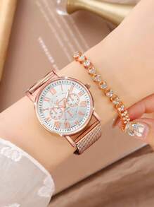 2 stuks roestvrij staal dames roségouden Romeinse cijfers, kristal accent hart decor armband, cadeau voor haar