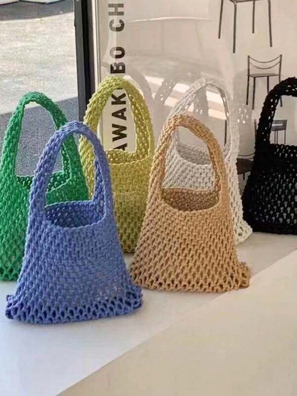 1 pieza Bolso de tote estilo bohemio trenzado, bolso de mano trenzado a rayas, bolso de playa, bolso de tote versátil y casual de ganchillo hueco