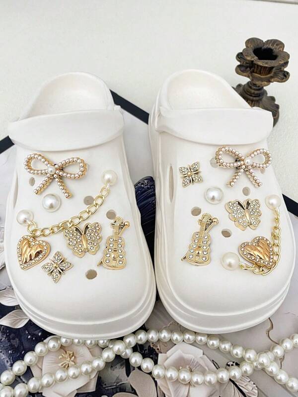 14pcs Gold Bow, Gold Heart, Rhinestone Butterfly, Violin, Gold ABS Pearl Chain Shoe Accessory Set - Easily Installed Removable DIY Decorations, Shoe Charms For Customizing Mary Janes, Garden Shoes, Clogs, Sandals And Beach Bags - Perfect Gift For Holiday Parties And Special Occasions
