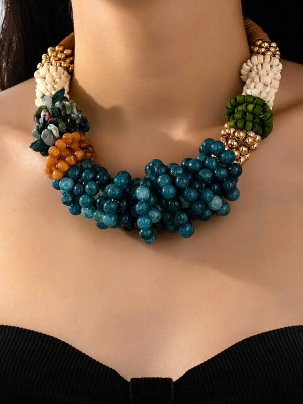 1 pieza Collar de estilo occidental y campestre de moda bohemia vintage con cuentas de imitación de turquesa