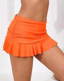 Halcurt Women's Low Waisted Ruched Ruffle Swim Skirts With Hipster Bikini Bottoms Tummy Control Swimsuit - Orange - View 3