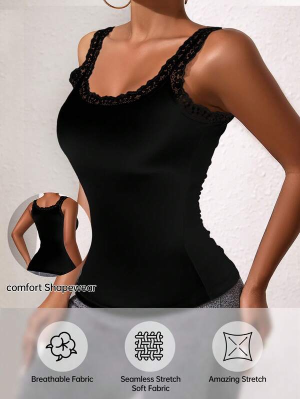 Women's Lace Ditsy Floral Camisole, Spring/Summer Outfit,Casual Versatile Solid Color Camisole, Women Sleeveless Lace Trim Solid Color Crew Neck Camisole Tank Top With Piped Collar