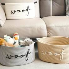 1个编织绳收纳篮，绣有“汪汪”字样 - 宠物玩具收纳篮，可存放磨牙玩具、毯子和牵引绳，海军蓝提手，可堆叠设计，个性化宠物收纳篮，适用于猫狗。宠物礼品。