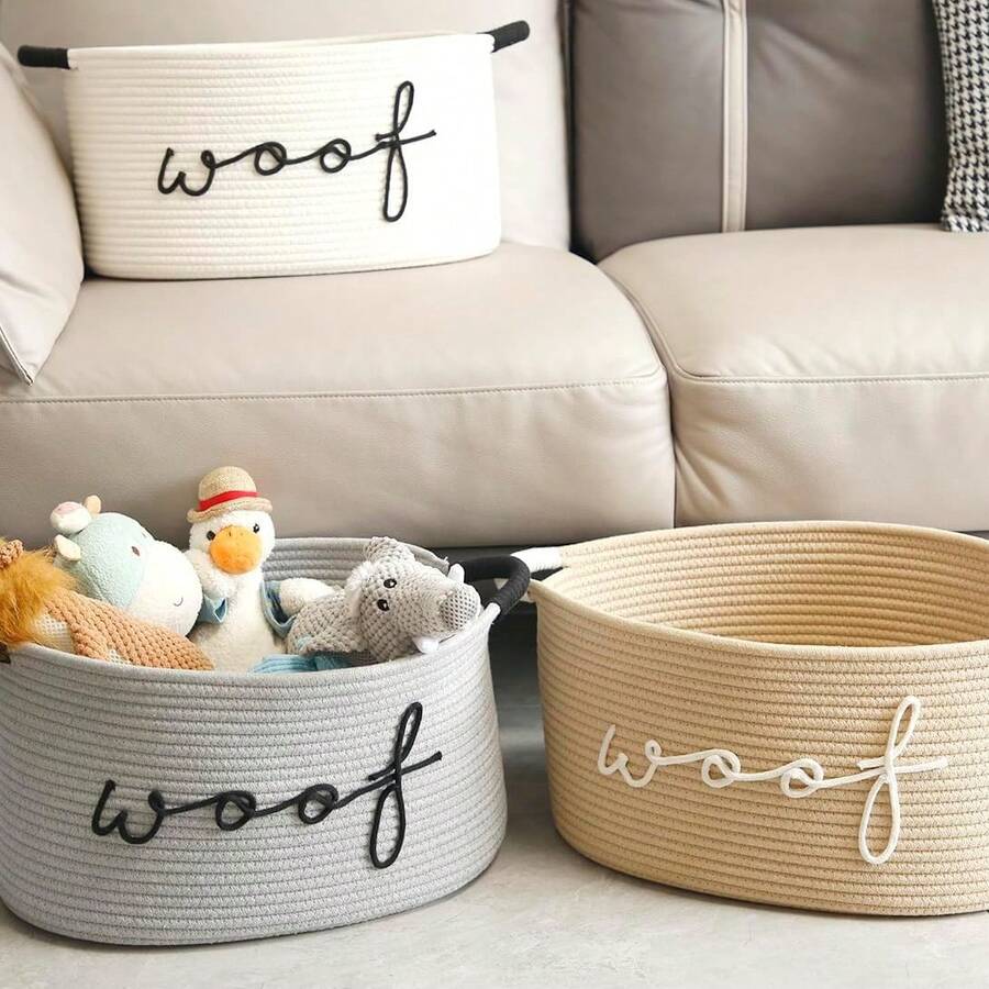 1个编织绳收纳篮，绣有“汪汪”字样 - 宠物玩具收纳篮，可存放磨牙玩具、毯子和牵引绳，海军蓝提手，可堆叠设计，个性化宠物收纳篮，适用于猫狗。宠物礼品。