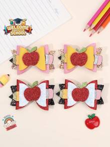 Set de 4 lazos para el cabello con forma de lápiz de manzana brillante para niñas para volver al colegio, con pinzas de caimán, coloridos y brillantes, accesorios para el cabello para el primer día de clases, regalo para estudiantes del nuevo semestre, pasadores para el cabello para adolescentes