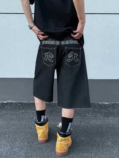 Short en jean droit pour hommes avec ligne noire, casual pour les vacances et la rue, avec broderie, pour le printemps/été