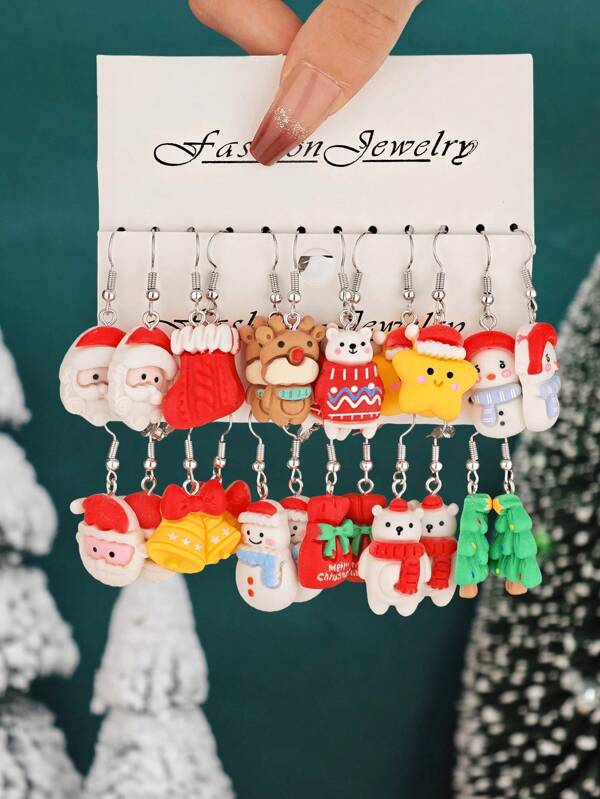 12pcs/24pcs Cute Cartoon Christmas Holiday Earrings Set, Santa Claus, Christmas Tree, Gingerbread Man, Snowman Resin Earrings